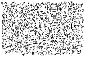 Valentine's Day doodle .a large Set of cute hand-drawn elements about love. Design elements in the style of doodle black outline isolated on a white background. Happy Valentine's Day background. Vecto