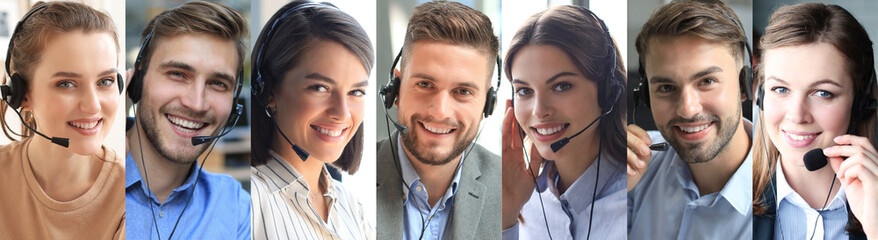 Call center workers collage. Different young customer support operators looking at camera.