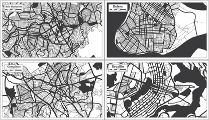 Campinas, Belem, Brasilia and Belo Horizonte Brazil City Maps Set in Black and White Color in Retro Style.