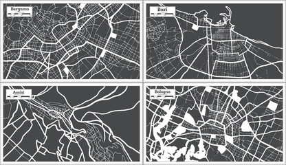 Assisi, Bari, Bologna, Bergamo Italy City Maps Set in Black and White Color in Retro Style.