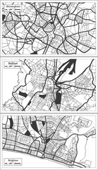Belfast, Brighton and Birmingham Great Britain City Map Set in Black and White Color in Retro Style.