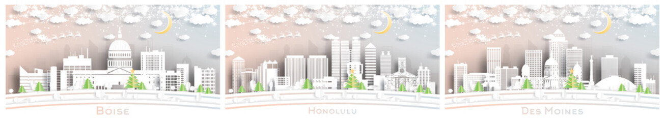 Obraz premium Honolulu Hawaii, Des Moines Iowa and Boise Idaho USA City Skylines Set in Paper Cut Style with Snowflakes, Moon and Neon Garland.