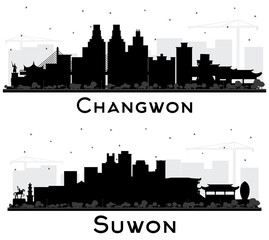 Fototapeta premium Suwon and Changwon South Korea City Skyline Silhouettes Set.