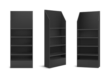 Black POS display stand for products in supermarket, store and shop. Vector realistic 3d mockup of promotion rack with empty shelves, retail showcase isolated on white background