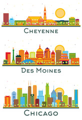 Des Moines Iowa, Chicago Illinois and Cheyenne Wyoming City Skyline Set.