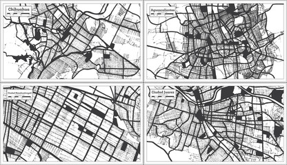 Ciudad Nezahualcoyotl, Aguascalientes, Ciudad Juarez and Chihuahua Mexico City Maps Set in Black and White Color in Retro Style.