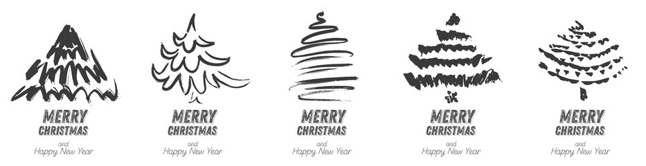 Christmas Tree Sketch Set Isolated on White Background.