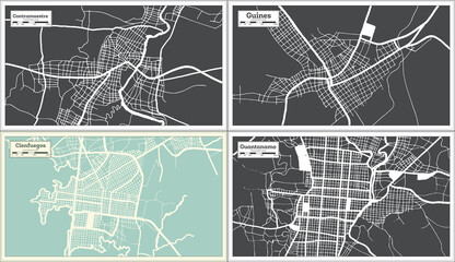 Guines, Cienfuegos, Guantanamo and Contramaestre Cuba City Maps Set in Retro Style.