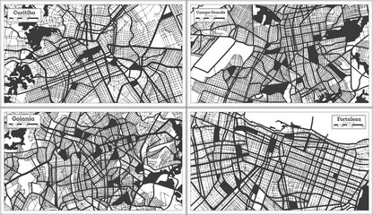 Goiania, Campo Grande, Fortaleza and Curitiba Brazil City Maps Set in Black and White Color in Retro Style.
