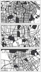 Cheongju, Jeju and Daegu South Korea City Maps Set in Black and White Color in Retro Style.