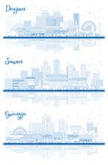 Outline Suwon, Gwangju and Daejeon South Korea City Skyline Set with Blue Buildings and Reflections.