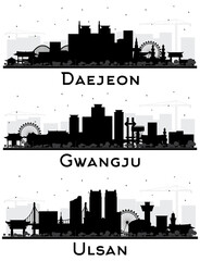 Ulsan, Gwangju and Daejeon South Korea City Skyline Silhouettes Set.