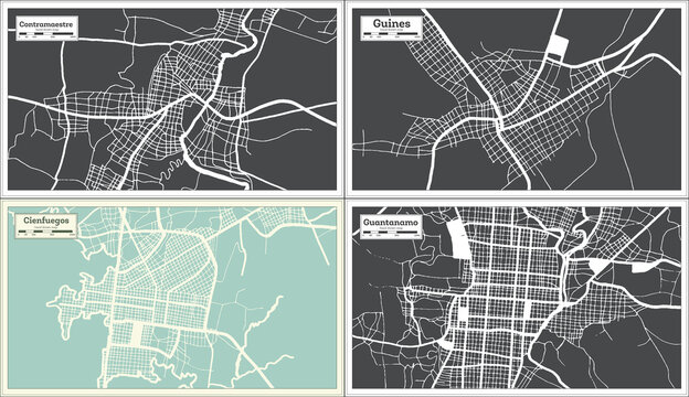Guines, Cienfuegos, Guantanamo and Contramaestre Cuba City Maps Set in Retro Style.