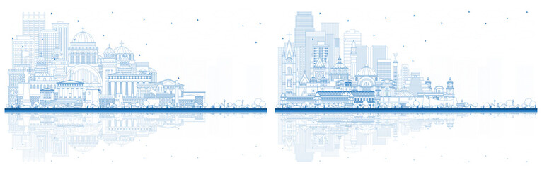 Outline Welcome to Greece and Mexico City Skylines Set with Blue Buildings and Reflections.