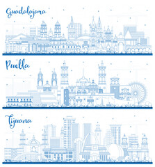 Outline Tijuana, Puebla, Guadalajara Mexico City Skylines with Blue Buildings.