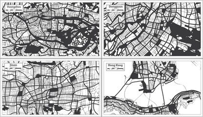 Jinan, Dongguan, Hong Kong and Guangzhou China City Maps Set in Black and White Color in Retro Style.