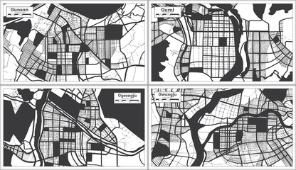 Gyeongju, Gumi, Gwangju and Gunsan South Korea City Maps Set in Black and White Color in Retro Style.