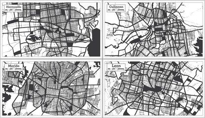 Merida, Culiacan, Leon and Hermosillo Mexico City Maps Set in Black and White Color in Retro Style.
