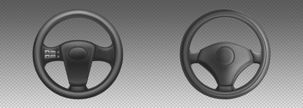Car steering wheels, auto part for control drive and turn. Vector realistic set of black leather automobile steering wheels with mode and vehicle horn buttons isolated on transparent background