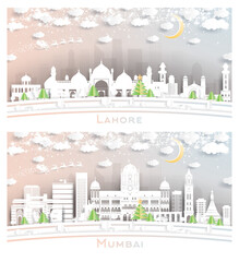 Mumbai India and Lahore Pakistan City Skyline Set.