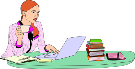 woman working with laptop, books and cup of coffee