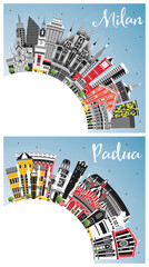 Milan and Padua Italy City Skylines Set with Color Buildings, Blue Sky and Copy Space.