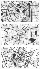 Monza, Modena and Milan Italy City Map Set in Black and White Color in Retro Style.