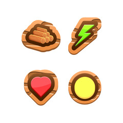 set of game ui funny energy, heart, coins, and logs icon with wooden border for gui asset elements vector illustration