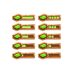 set of wooden nature leaves game ui progress bar from low to full for gui asset elements vector illustration