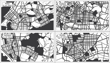 Gyeongsan, Incheon, Namjeju and Mokpo South Korea City Maps Set in Black and White Color in Retro Style.