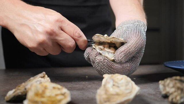 Luxury high end seafood restaurant. Skilled male chef opens fresh oyster with hand in protective Chain Mail Glove and special short knife. Slow motion. Full hd
