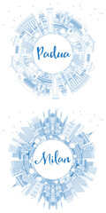 Outline Padua and Milan Italy City Skylines Set with Blue Buildings and Copy Space.