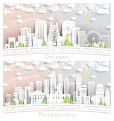 Philadelphia Pennsylvania and Orlando Florida USA City Skyline Set.