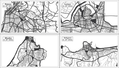 Rhodes, Larissa, Rethymno and Patras Greece City Maps Set in Black and White Color in Retro Style.