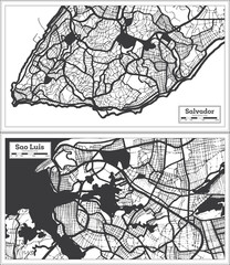 Obraz premium Sao Luis and Salvador Brazil City Maps Set in Black and White Color in Retro Style.