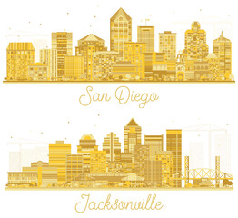 Jacksonville Florida and San Diego California USA City Skyline Silhouette Set.