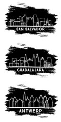 Guadalajara Mexico, Antwerp Belgium and San Salvador City Skyline Silhouettes Set.