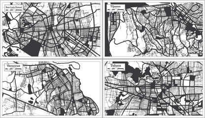 Veracruz, Tijuana, Toluca and San Luis Potosi Mexico City Maps Set in Black and White Color in Retro Style.