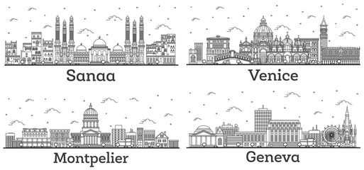 Outline Montpelier Vermont, Venice Italy, Geneva Switzerland and Sanaa Yemen City Skylines Set.
