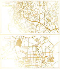 Saransk and Sochi Russia City Map Set in Retro Style in Golden Color.