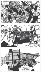 Yongin, Yeosu and Suwon South Korea City Maps Set in Black and White Color in Retro Style.