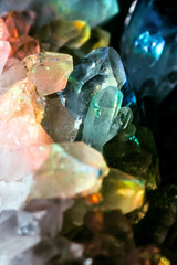 Beautiful mystic crystal magic Rhinestone gem stone. Iridescent natural geometric crystals.