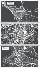 Trieste, Taranto and Turin Italy City Maps Set in Black and White Color in Retro Style.
