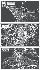 Obraz premium Trieste, Taranto and Turin Italy City Maps Set in Black and White Color in Retro Style.