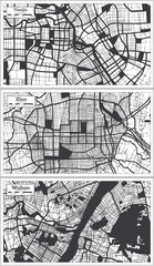Xian, Wuhan and Tianjin China City Maps Set in Black and White Color in Retro Style.