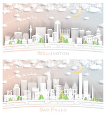 Sao Paulo Brazil and Wellington New Zealand City Skyline Set.