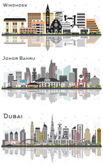 Johor Bahru Malaysia, Dubai UAE and Windhoek Namibia City Skylines Set.