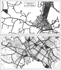 Volos and Zakynthos Greece City Maps Set in Black and White Color in Retro Style.