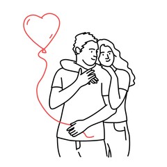 Lovers man and woman hug each other. Guy holding a heart-shaped balloon in his hand.