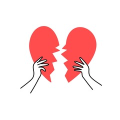 Human hands with broken red heart. Divorce, love, living together concept design.